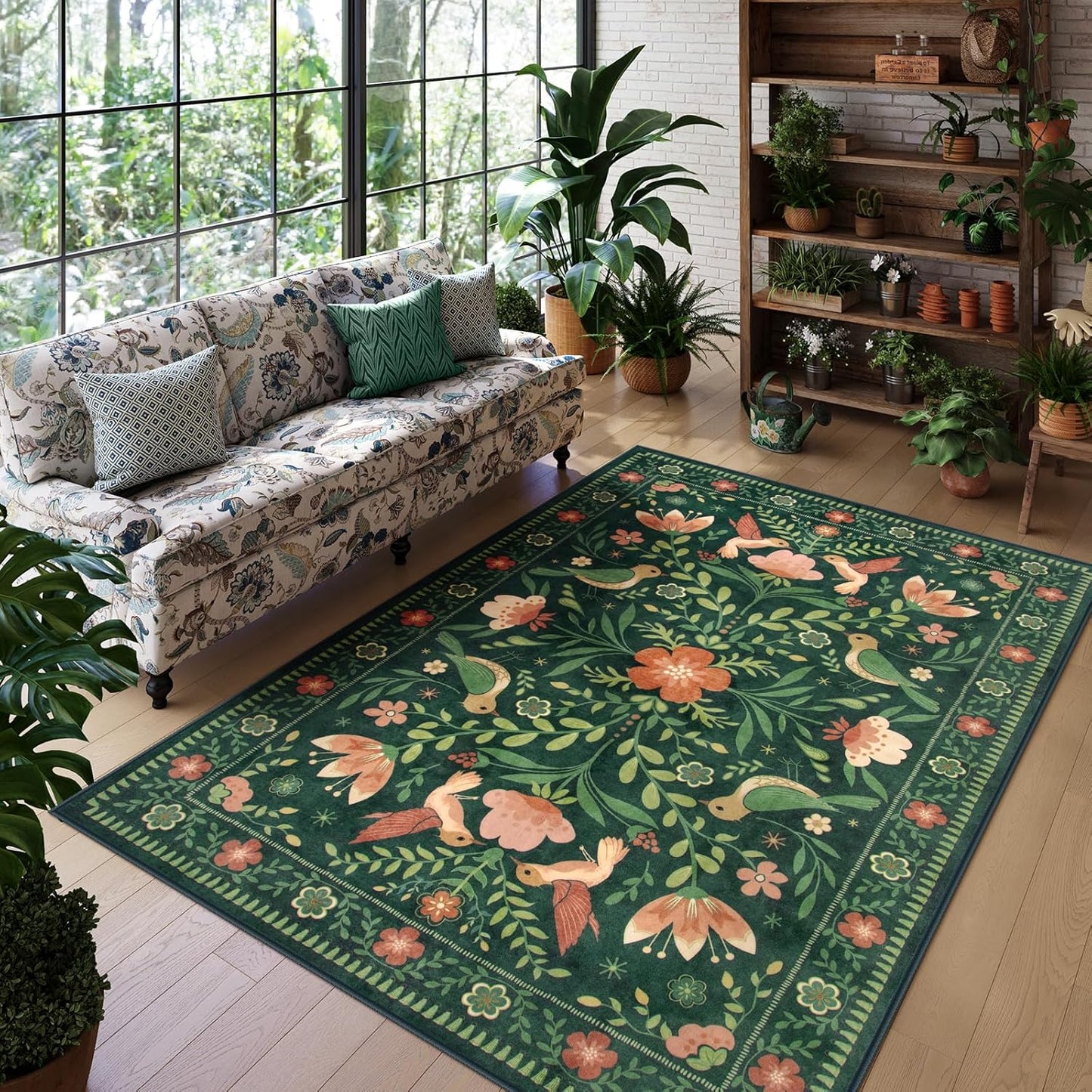 Morebes Green Boho 8x10 Area Rugs for Living Room, Washable Floral Rug for Bedroom Non Slip, Soft Ultra-Thin Distressed Flower Birds Indoor Carpet for Farmhouse Classroom Kids Nursery