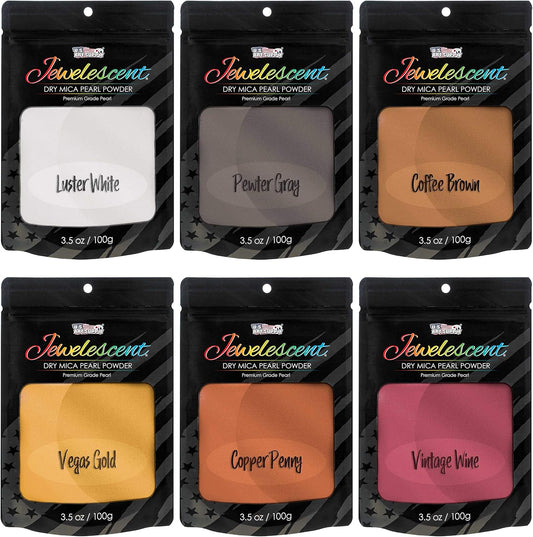 U.S. Art Supply Jewelescent Mica Pearl Pigment Powder Kit, 6 Metal Tones Colors, 3.5 oz (100g) Pouches - Cosmetic Grade, Epoxy Resin Color Pigment, Mica Powder for Resin, Soap, Slime, Candle Dye, Art