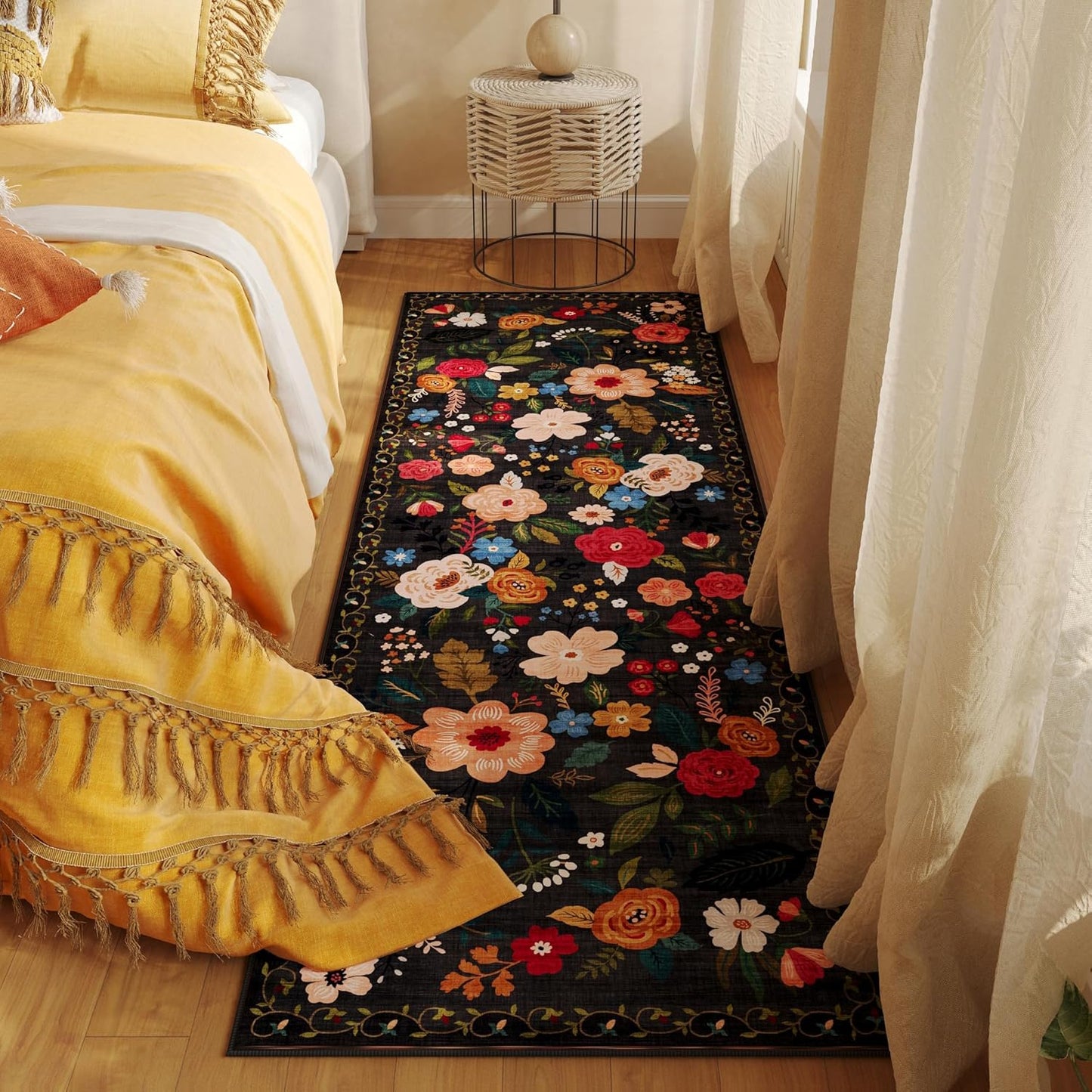 Rugcomf Runner Rug for Hallways Kitchen Rug Non Slip 2'6''x8' Washable Runner Rugs with Rubber Backing Soft Floral Carpet Runner for Hallways, Kitchen, Laundry, Bedroom, Bathroom(Black)