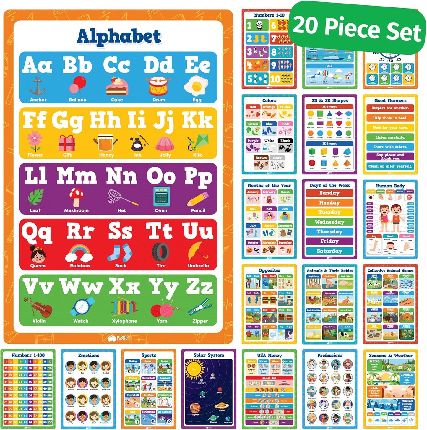 Classroom Posters - 20pcs Set 16” x 11” Educational Posters For Toddlers 1-3 - Classroom Decor - Elementary Preschool Kindergarten Classroom Must Haves Supplies - Preschool Learning Activities