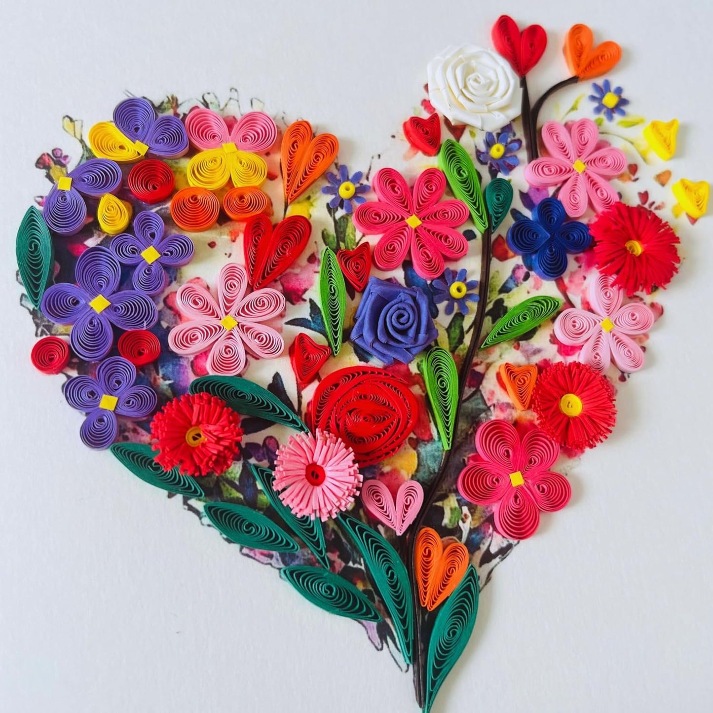 Quilling Cards, handmade card, quilled cards with Handmade Art Quilling birthday card for women, Birthday card, mother... colorful heart design (Flowers Heart 1)