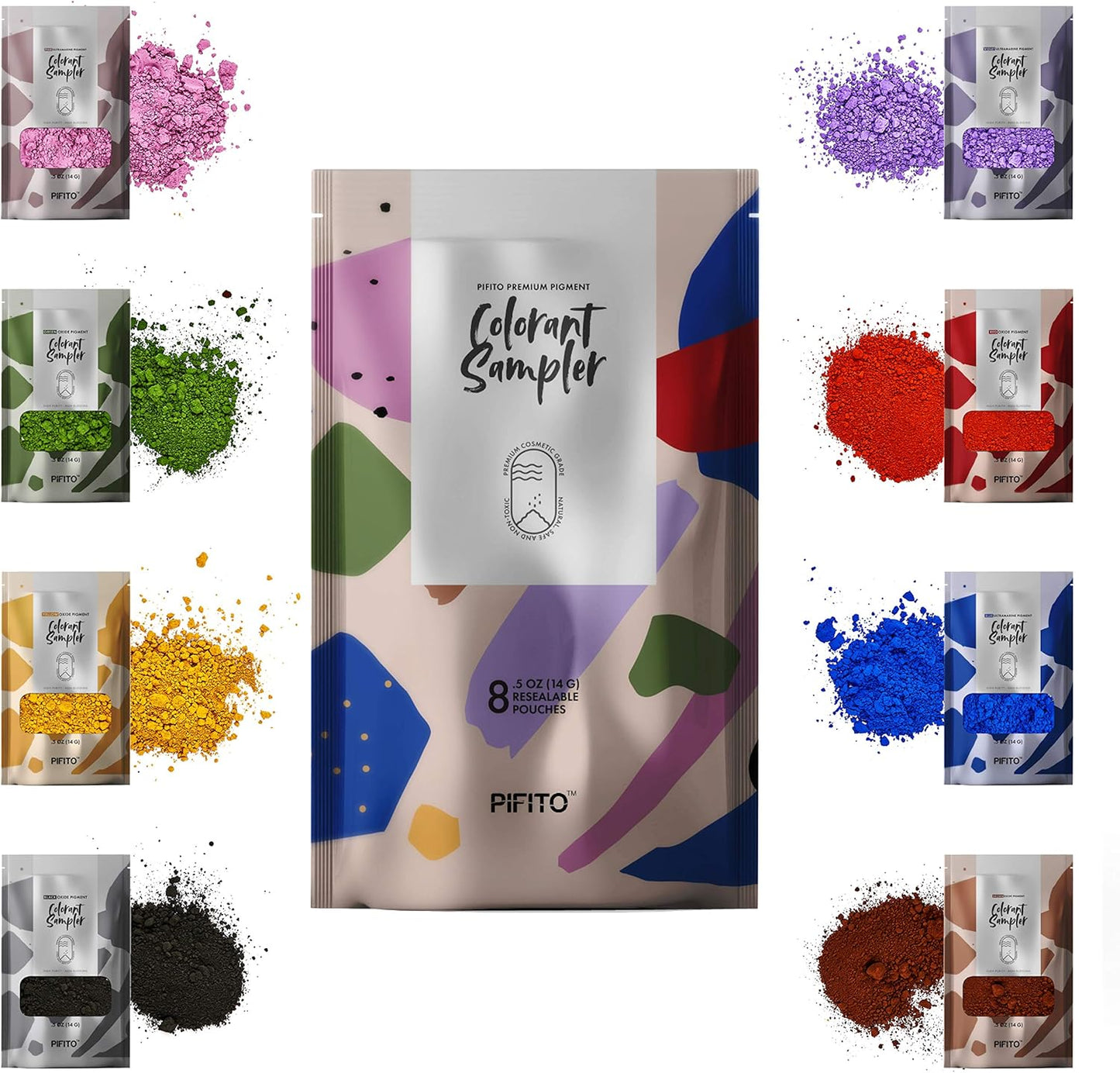 Pifito Oxide Pigment Colorants Sampler - 8 Beautiful Colors for Soap Making Supplies (.25 oz ea) - Red, Blue, Yellow, Pink, Green, Brown, Black, Violet - Bath Bombs Coloring Powder