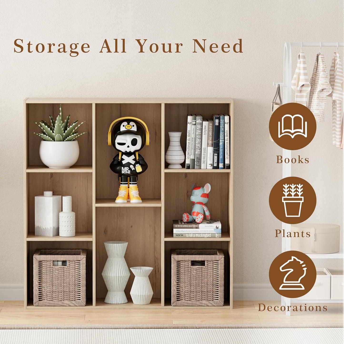 Wooden Cube Storage Organizer with Closed Back Panel, 11in Cube Shelf Opening, Bookshelf, Display Shelf,Closet Cabinet for Home and Office (White Oak, 8-Cube 35.98L*9.45W*35.91H)