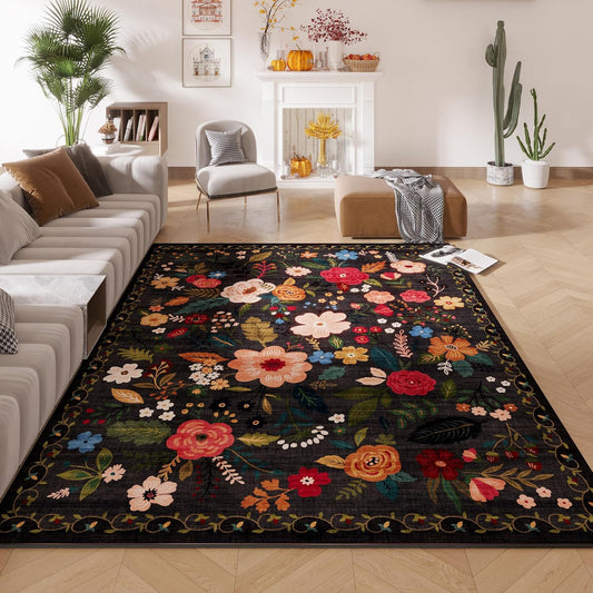 Rugcomf Living Room Rug 6x9 Rug Machine Washable Boho Area Rug Non Slip Floral Vintage Low Pile Large Rug for Living Room, Bedroom, Farmhouse, Dining Room, Kids Playroom(Black)