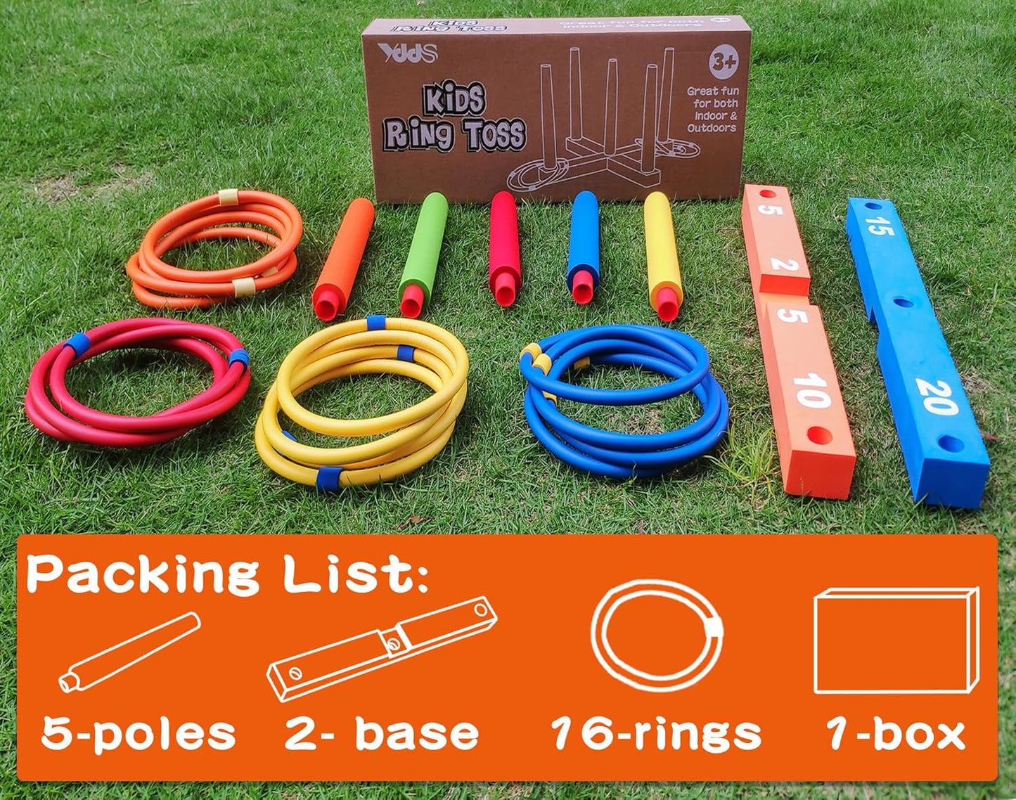 Ring Toss Game for Kids, Indoor & Outdoor Game for Family and Adults with 5 Poles, 2 Bases and 16 Rings in 4 Colors, Soft Foam Toy for Kids Backyard Ring Toss Fun