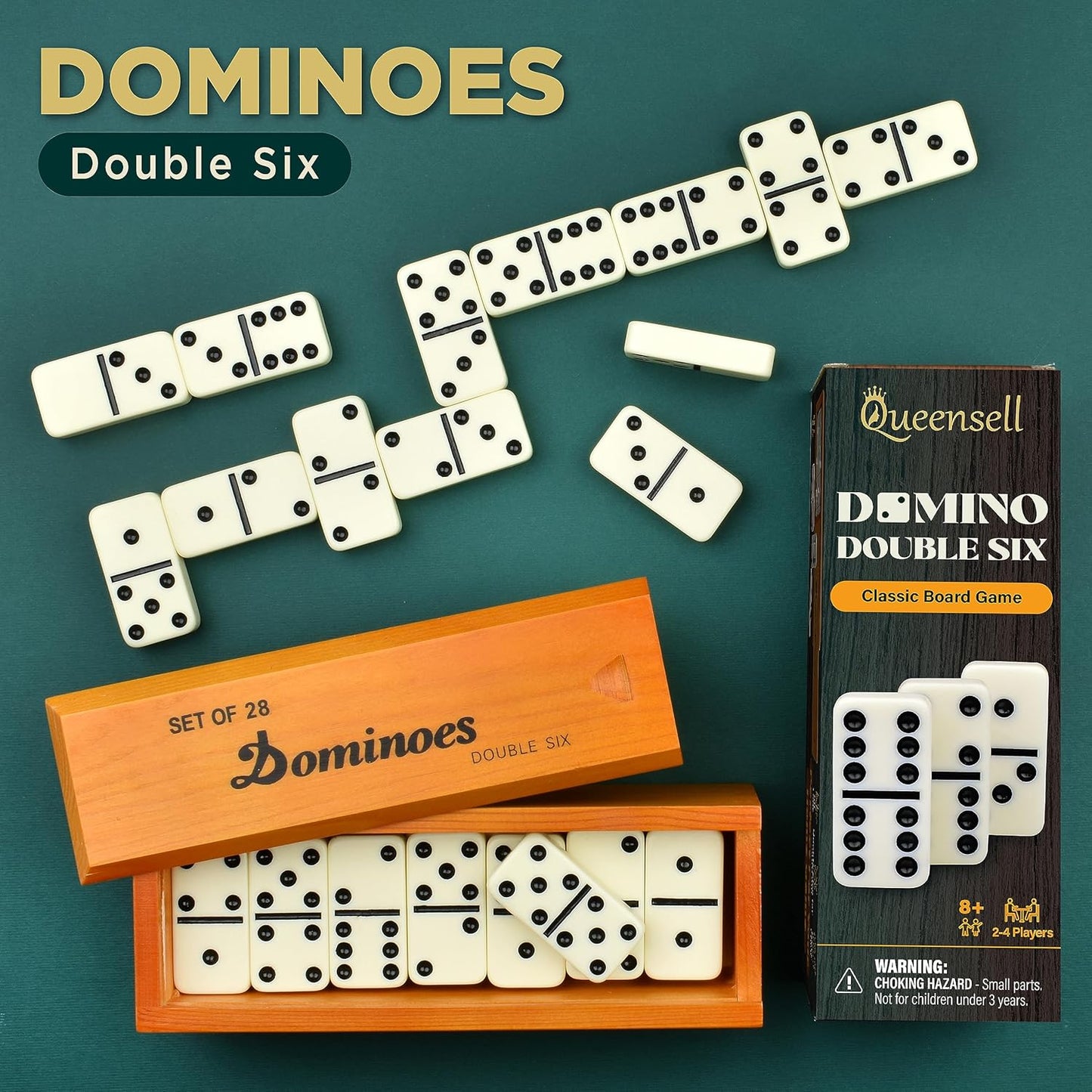 Queensell Jumbo Dominoes Set for Adults and Kids – Domino Set for Classic Board Games – Jumbo Dominoes Double 6 for Travel Games – Dominos Set for Adults 28 Tiles
