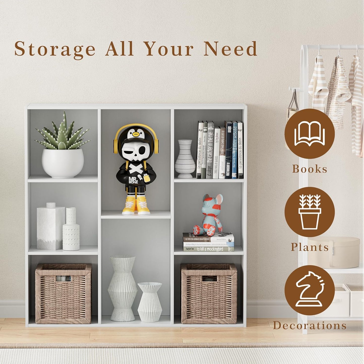 Wooden Cube Storage Organizer with Closed Back Panel, 11in Cube Shelf Opening, Bookshelf, Display Shelf,Closet Cabinet for Home and Office (Embossed White, 8-Cube 35.98L*9.45W*35.91H)