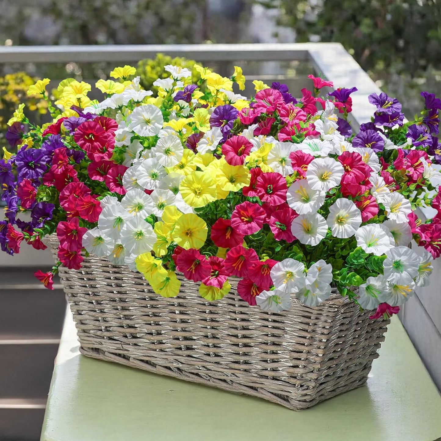 Artificial Flowers Fake Plants for Outdoors Decoration, 12 Bundles Silk Morning Glory with Eucalyptus Realistic UV Resistant Faux Flowers for Outside Planter Porch Yard Patio Garden Home Indoor, Mix