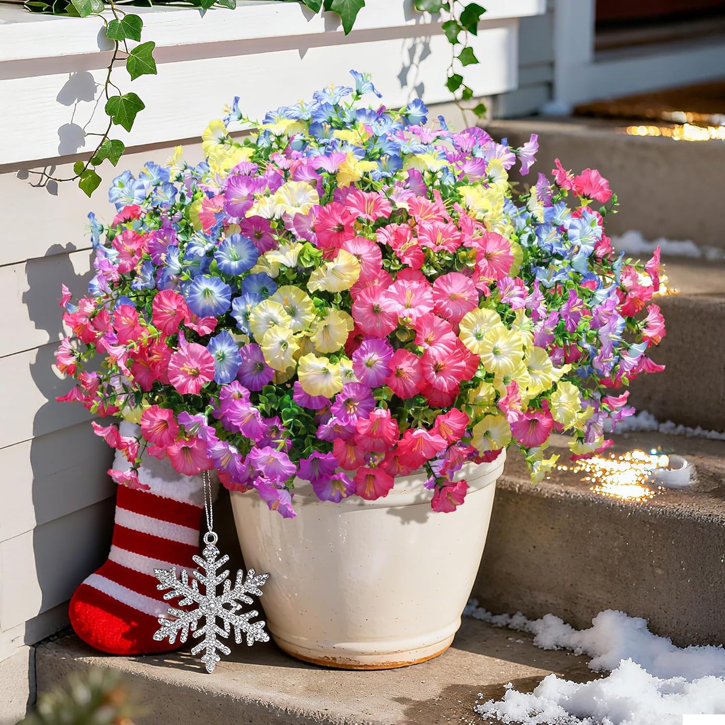 Artificial Flowers Fake Plants for Outdoors Decoration, 12 Bundles Silk Morning Glory with Eucalyptus Realistic UV Resistant Faux Flowers for Outside Planter Porch Yard Patio Garden Home Indoor, Mix