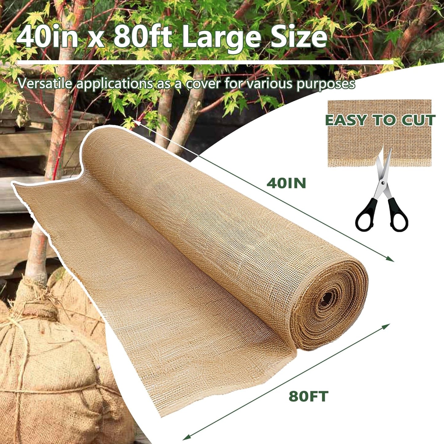 40“ x 80/160 Feet Burlap Roll Multipurpose Burlap Tree Wrap High Density Jute Fiber, Burlap Fabric for Gardening, Weed Barrier, Craft Projects and Party Decor (40in * 80ft)