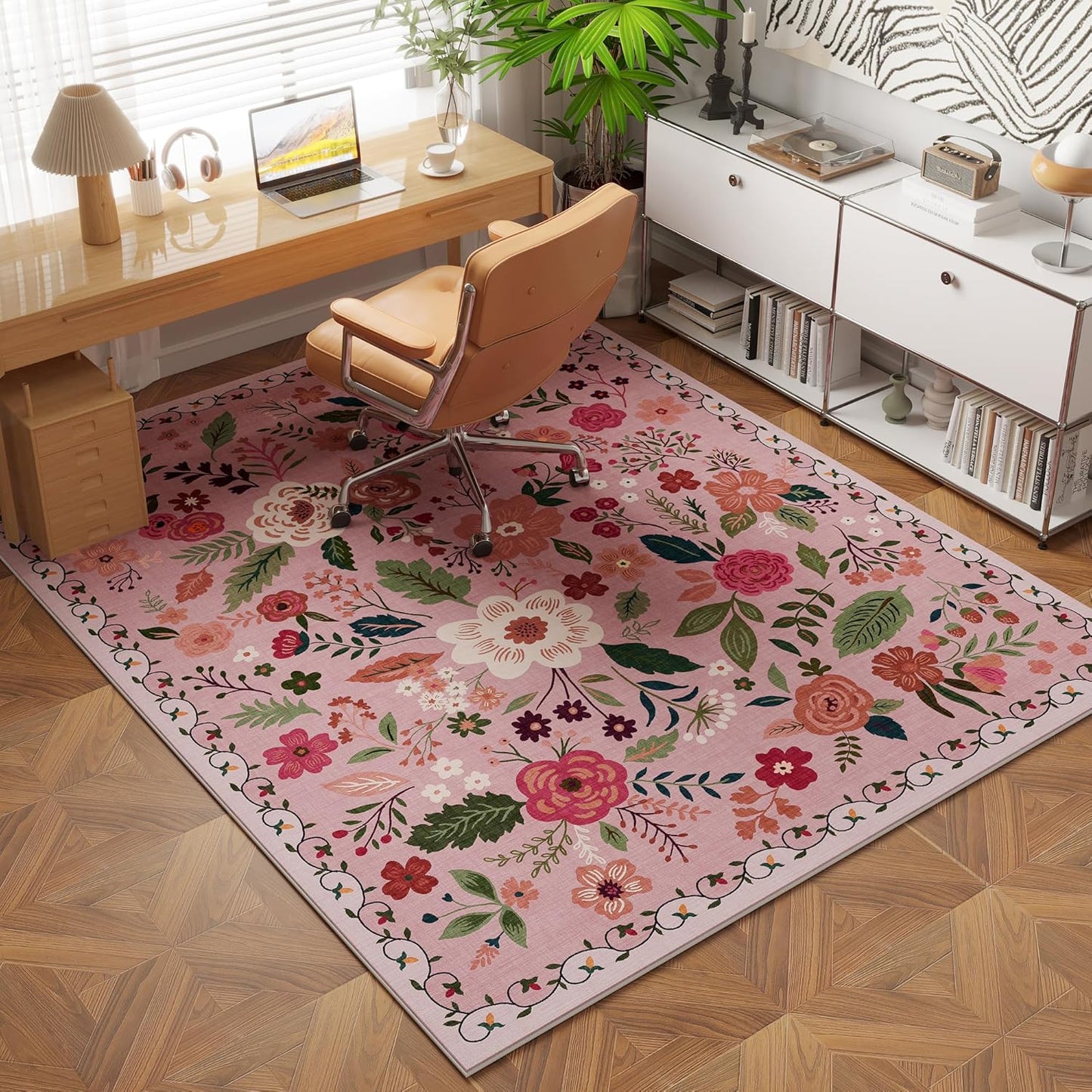 Rugcomf Area Rug 4x6 Rug Washable Boho Rugs Non Slip Low Pile Floral Small Carpet for Bedroom, Bedside, Kids Room, Office, Dining Room(Pink)