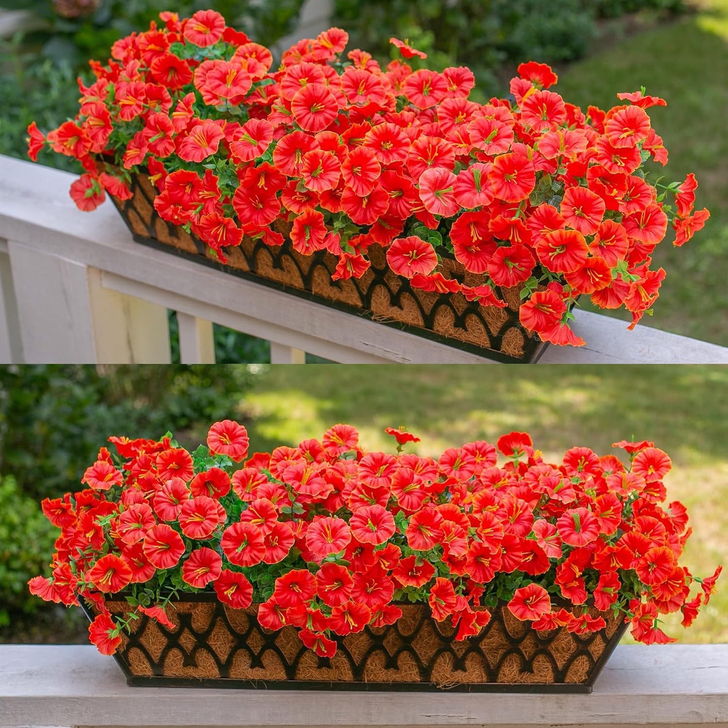 Fake Fall Flowers Artificial Flowers Plants for Outdoors Autumn Decoration, 12 Bundles Orange Silk Morning Glory with Eucalyptus Realistic UV Resistant Faux Flower Greenery for Outside Yard Garden