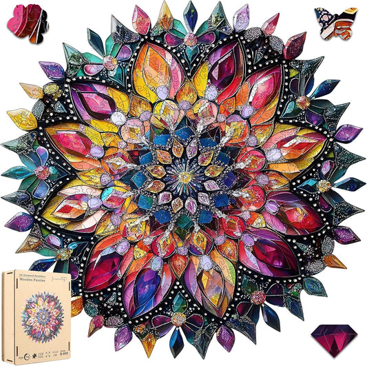 Wooden Jigsaw Puzzles 500 Pcs - Diamond Mandala Wooden Puzzles for Adults, Luxurious Shaped Wood Puzzle, Beautiful Package, Best Gift for Adults and Kids, Family Game, 16.7'' x 16.7''