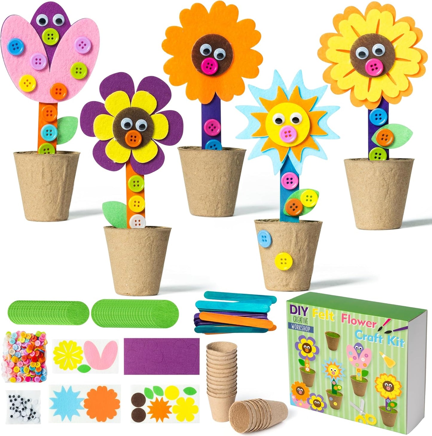 WATINC Mother's Day Spring Felt Flower Craft Kits - Make Your Standing Flowers Gift Crafts with Buttons Flower Pot Decor, DIY Flowers Decorations Home School Fun Activities for Mom Kids (24Pcs)