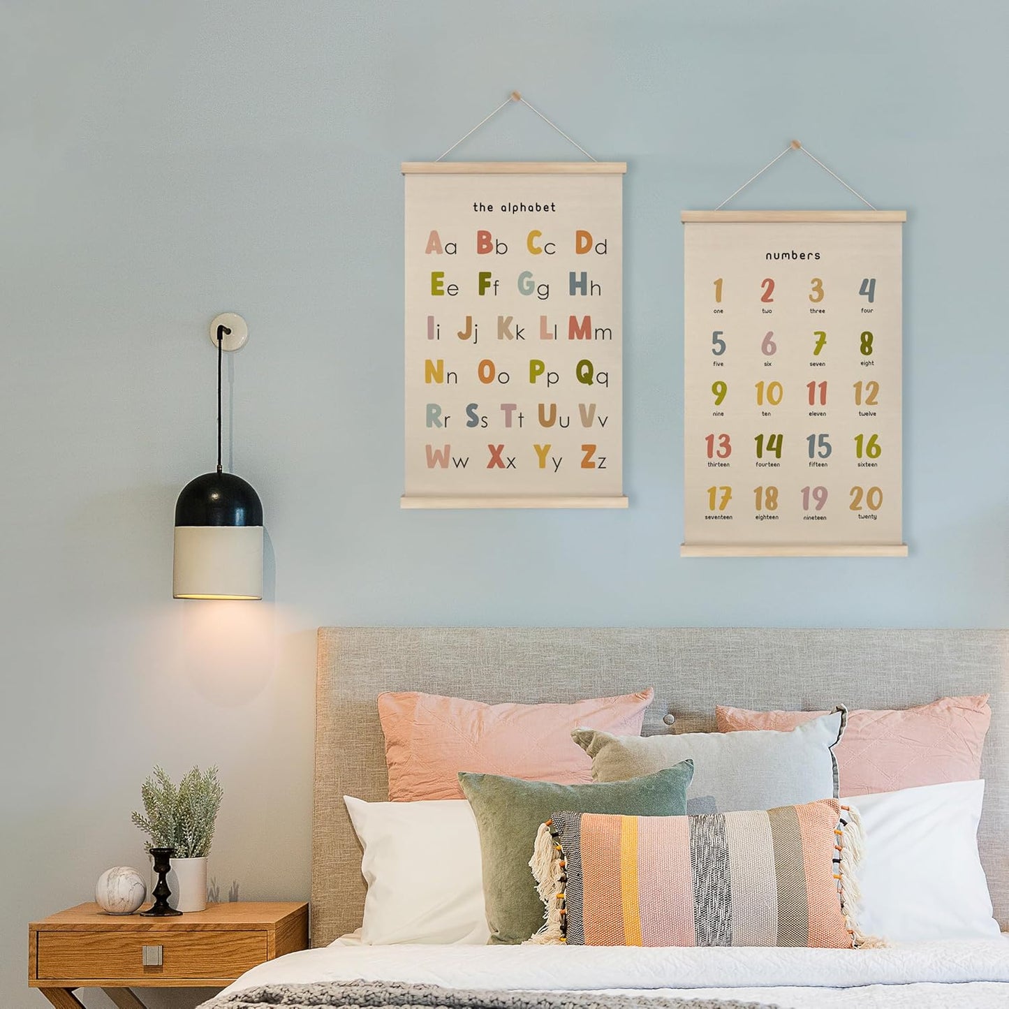 HRQKO Boho Alphabet Numbers Poster Hanger Frame Set of 2, Classroom Wall Decor, Abc Poster Wall Art with Wooden Frames, Alphabet Banner Wall Hanging Decor for Toddler Playroom Nursery, 16x24 inch