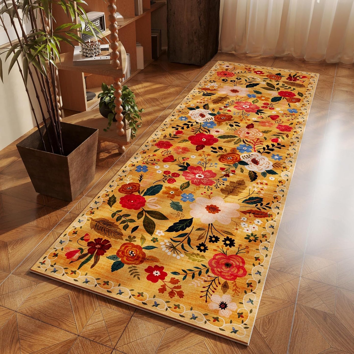 Rugcomf Runner Rug for Kitchen Rug Non Slip 2'x 6' Washable Rugs with Rubber Backing Soft Floral Carpet Runner for Hallways, Kitchen, Laundry, Bedroom, Bathroom(Yellow)