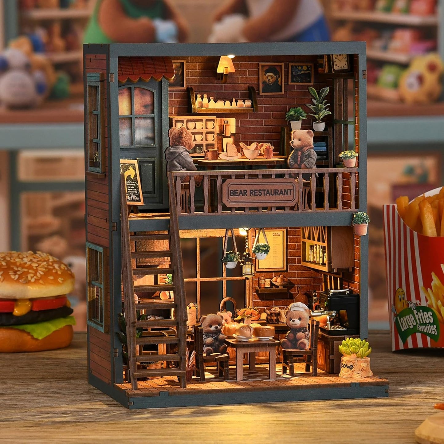 ISSEVE Book Nook Kit - DIY Miniature House Kit for Adults, Teens and Beginners, Dollhouse Booknook Craft Tiny House Bookshelf Decor 3D Wooden Puzzle, Gifts for Friends Family (Bear Restaurant)