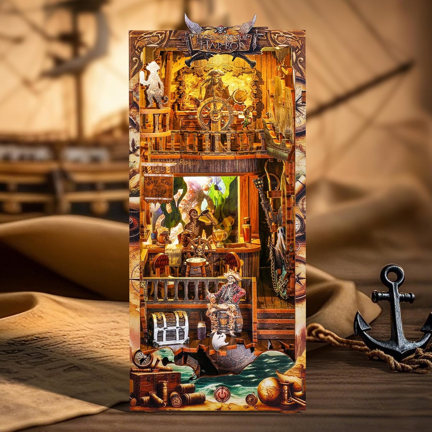 3D Wood Puzzle Book Nook Kit, Pirate Bookshelf Insert with LED Lights, DIY Pirate Miniature Bookend Décor for Display, Unique Craft Gift for Adults and Teens (New World)