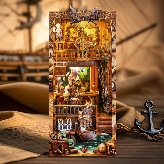 3D Wood Puzzle Book Nook Kit, Pirate Bookshelf Insert with LED Lights, DIY Pirate Miniature Bookend Décor for Display, Unique Craft Gift for Adults and Teens (New World)