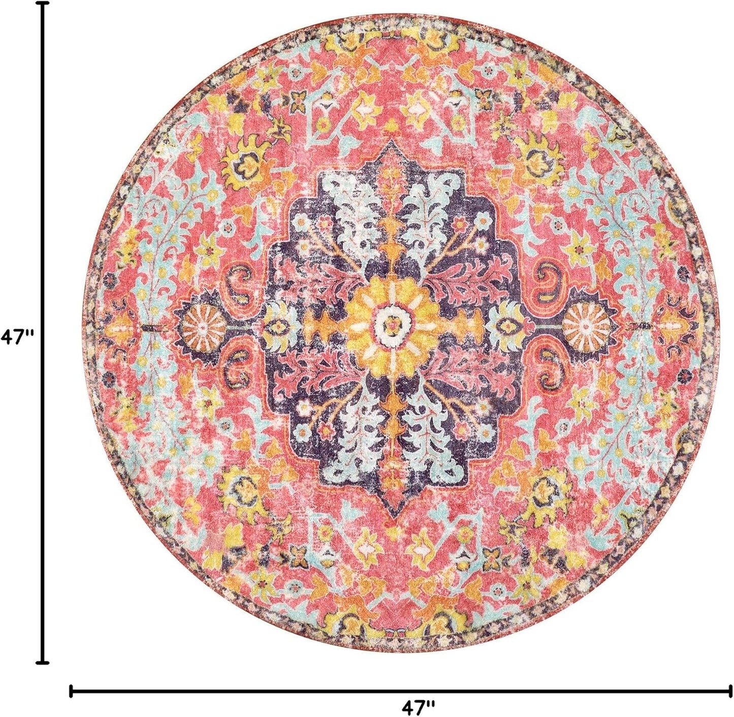 Lahome Bohemian Floral Medallion Round Rug - 4Ft Hot Pink Soft Round Area Rug Bedroom Kitchen Mat, Turkish Washable Indoor Floor Accent Bathroom Carpet for Nursery Living Room Home Office Hallway