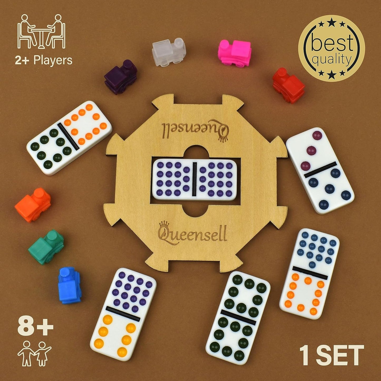 Queensell Mexican Train Dominoes - 136 Colored Dot Double 15s, 9 Trains, Wooden Hub, Aluminum Case
