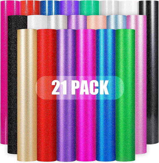 Glitter Vinyl Sheets Glossy and Matte Shimmer Permanent Vinyl Pack -12” X 12” 21 Pack Glitter Viny1 Permanent for Decor, Sticker