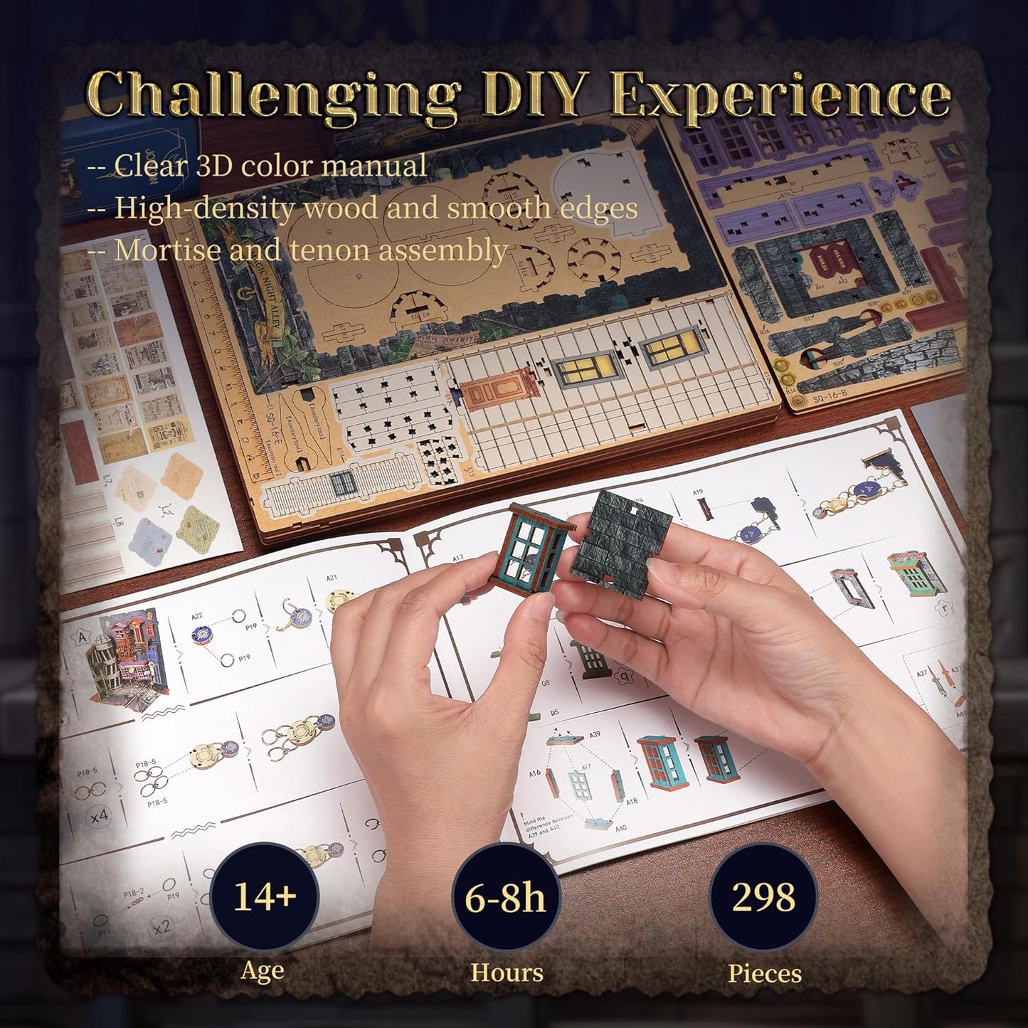 3D Wood Puzzle Book Nook Kit, DIY Magical Miniature Dollhouse with LED Light, Magic Night Alley Bookshelf Insert Bookend for Display, 3D Puzzle Craft Set for Adults(Magic Night Alley)