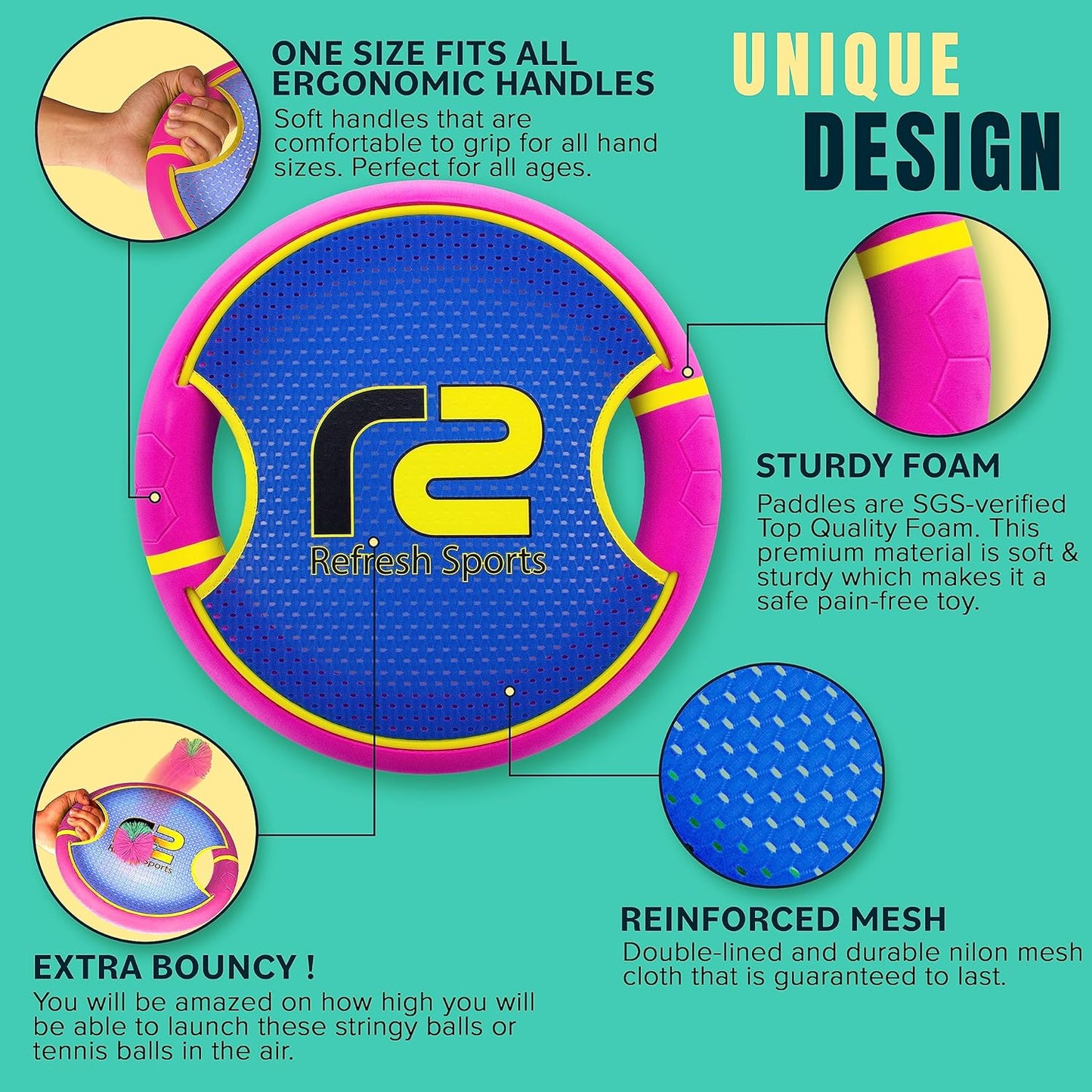 Fun Bouncy Paddle & Stringy Ball Toss & Catch Game - Easy to Use for Kids All Ages - Soft Foam Design for Safe Play Indoors or Outdoors - Also Works as Flying Disc - Great Gift Idea for Boys & Girls