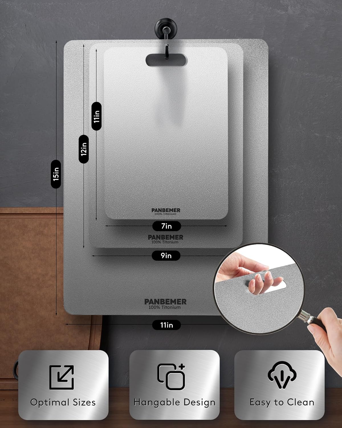 Titanium Cutting Boards for Kitchen, Set of 3 Food Grade 100% Pure Titanium Double-Sided Chopping Boards, Non-Toxic, Dishwasher Safe, Easy to Clean – 10", 12", 16"