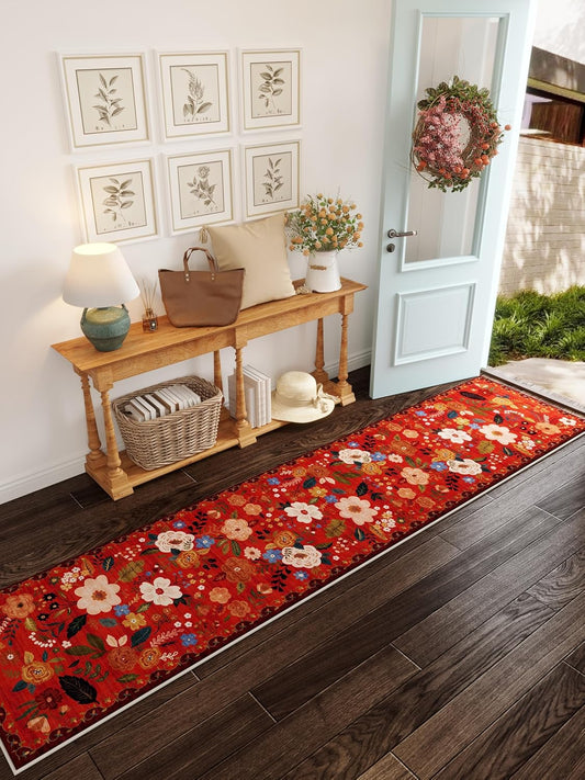Rugcomf Runners for Hallways Kitchen Runner Rug Non Slip 2'x 10' Long Washable Rugs with Rubber Backing Soft Floral Carpet Runner for Hallways, Kitchen, Laundry, Bedroom, Bathroom(Red)