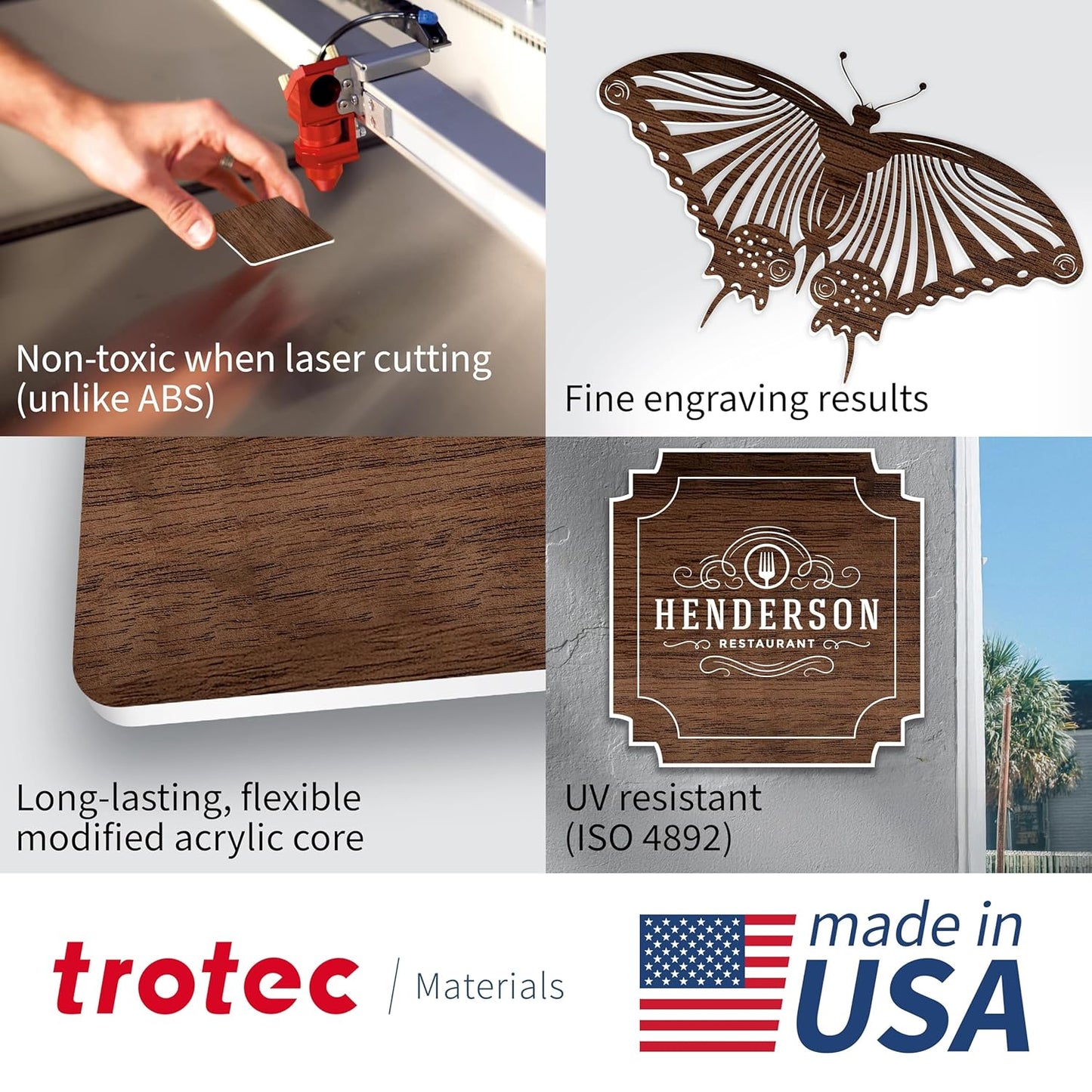 Trotec TroLase | 12"x24"x1/16", 4 Pcs | English Walnut/White | 2 Ply | Modified Acrylic | Laser Engraving Double Color Plastic Sheet | Engraving Blanks for Laser, Saw, Guillotine | Made in USA
