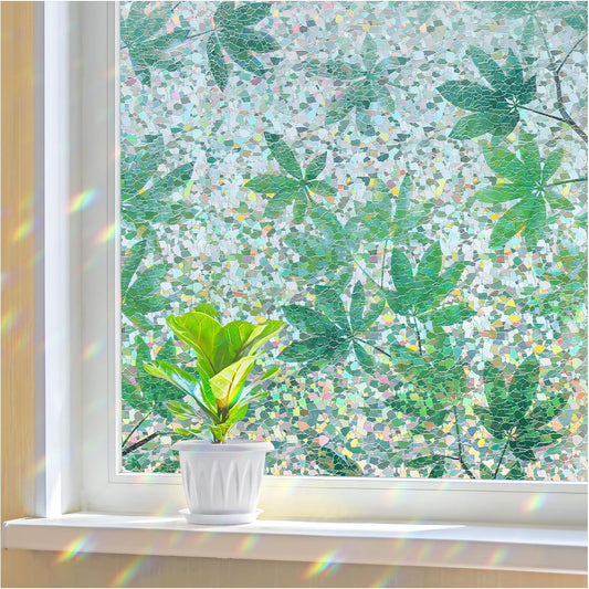 Haton Window Privacy Film, Decorative Stained Glass Window Clings, 3D UV Sun Blocking Sticker, Removable Static Cling Heat Control Tint for Home Door, Leaf Rainbow, 17.5" x 157.4" Non-Adhesive
