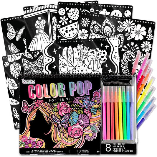 Fashion Angels Color Pop Poster Set, Includes 18 Posters & 8 Brush Tip Markers for Kids, Tweens & Teens, Perfect for Arts & Crafts, Coloring & DIY Room Decor