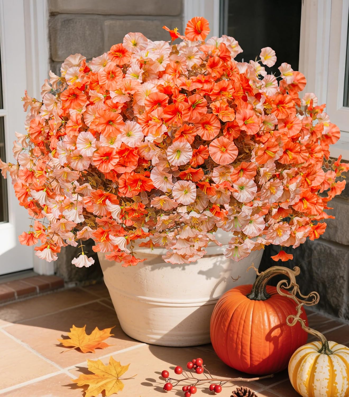 Fake Mums Fall Artificial Flowers Plants for Outdoors Autumn Decoration, 12 Bundles Silk Morning Glory with Eucalyptus Realistic UV Resistant Faux Mums for Outside Planter Yard Garden Home Indoor, Mix