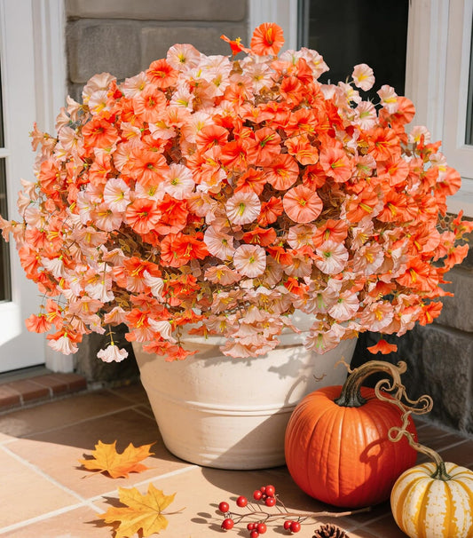 Fake Mums Fall Artificial Flowers Plants for Outdoors Autumn Decoration, 12 Bundles Silk Morning Glory with Eucalyptus Realistic UV Resistant Faux Mums for Outside Planter Yard Garden Home Indoor, Mix