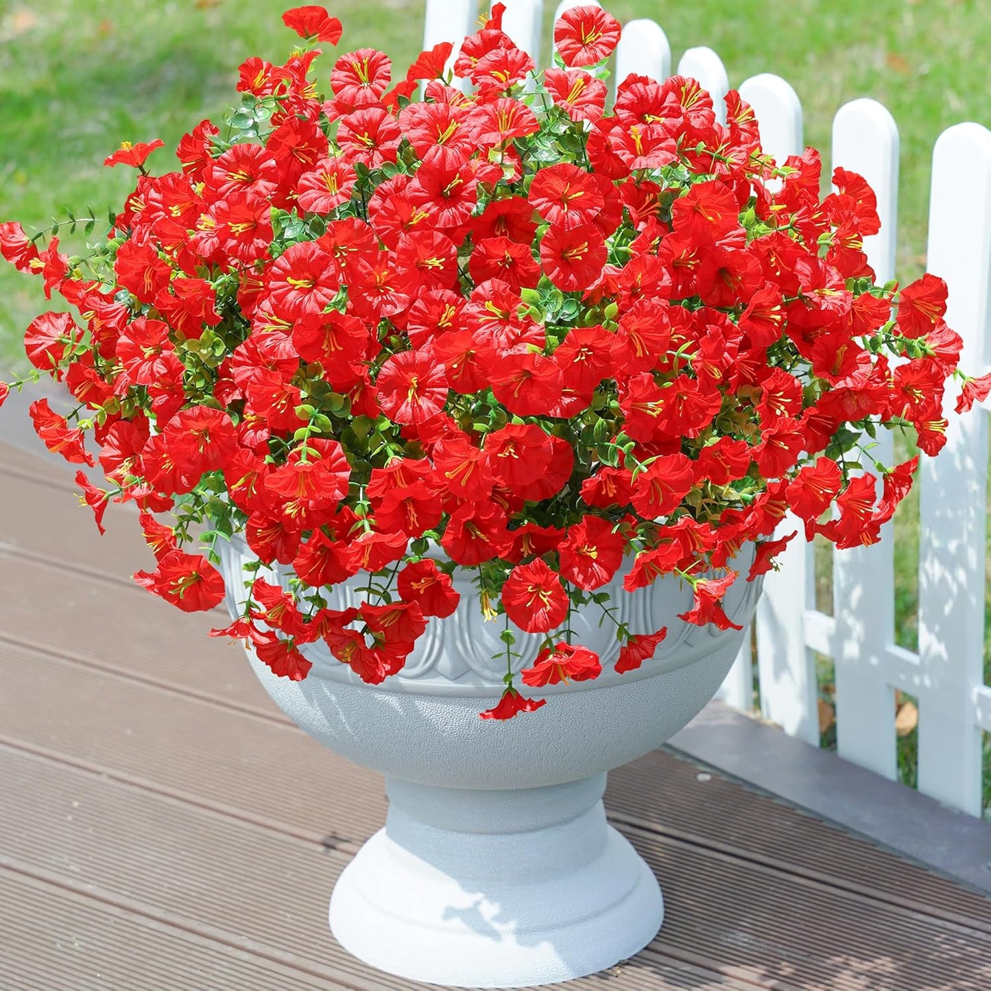 Artificial Flowers Fake Plants for Outdoors Decoration, 12 Bundles Red Silk Morning Glory with Eucalyptus Realistic UV Resistant Faux Flowers Greenery for Outside Planter Yard Garden Home Indoor Patio