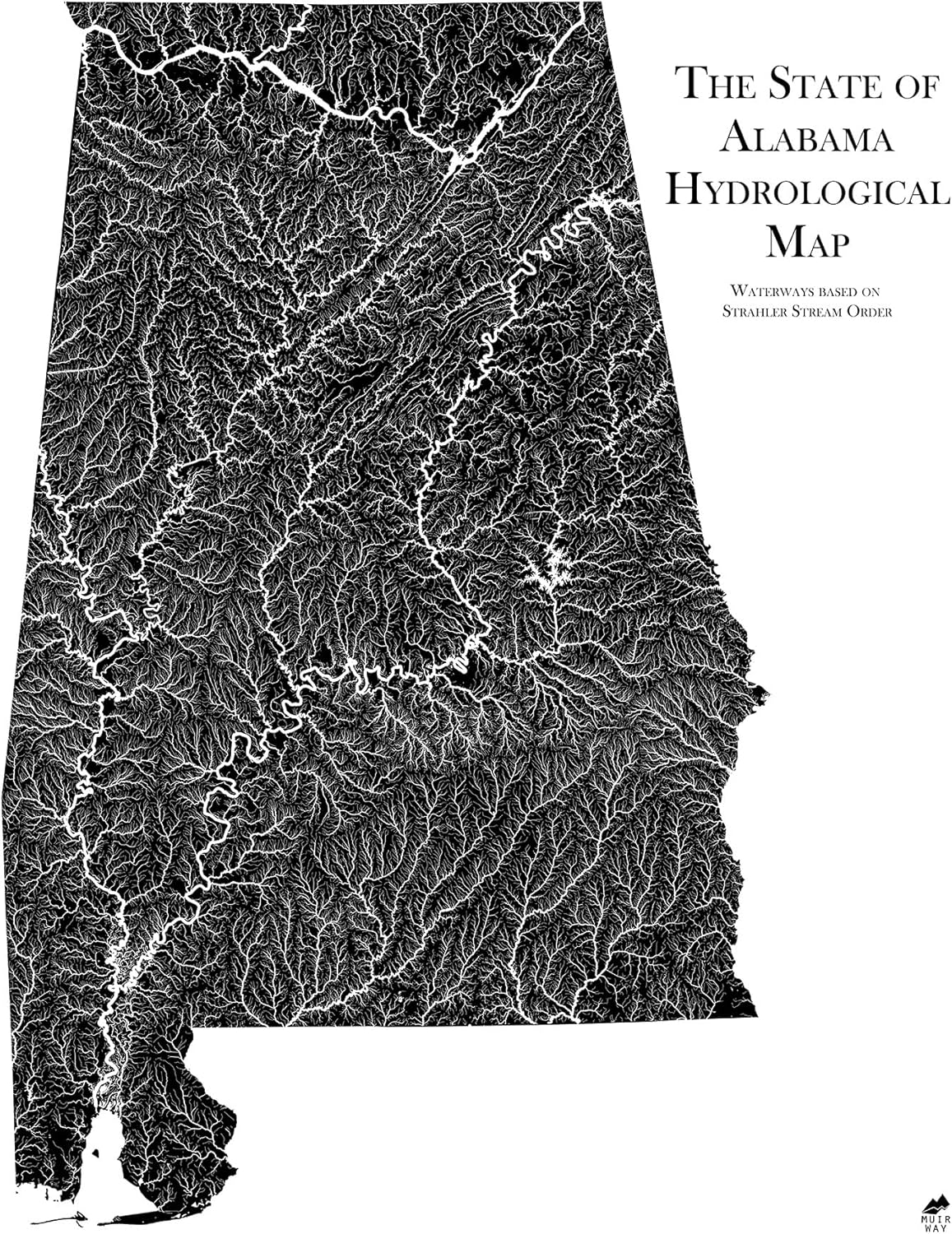 Muir Way Hydrological River Map of Alabama - Watershed Topographic Wall Art for Home, Office, or Travel Decor - Unframed Flat Paper Print, 24x30