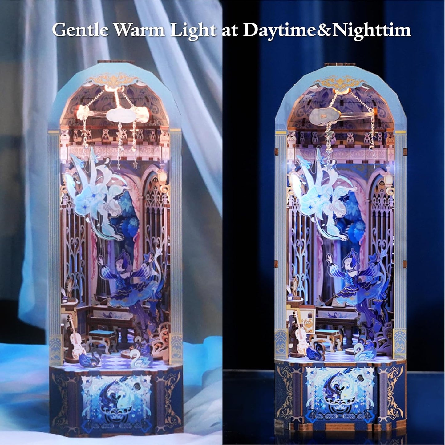 Tonecheer DIY Book Nook Kit for Adults, 3D Wooden Puzzle Music Box Bookend, Rotation Miniature House Booknook Bookshelf Insert Decor with Dust Cover and LED Light (Swan Dream)