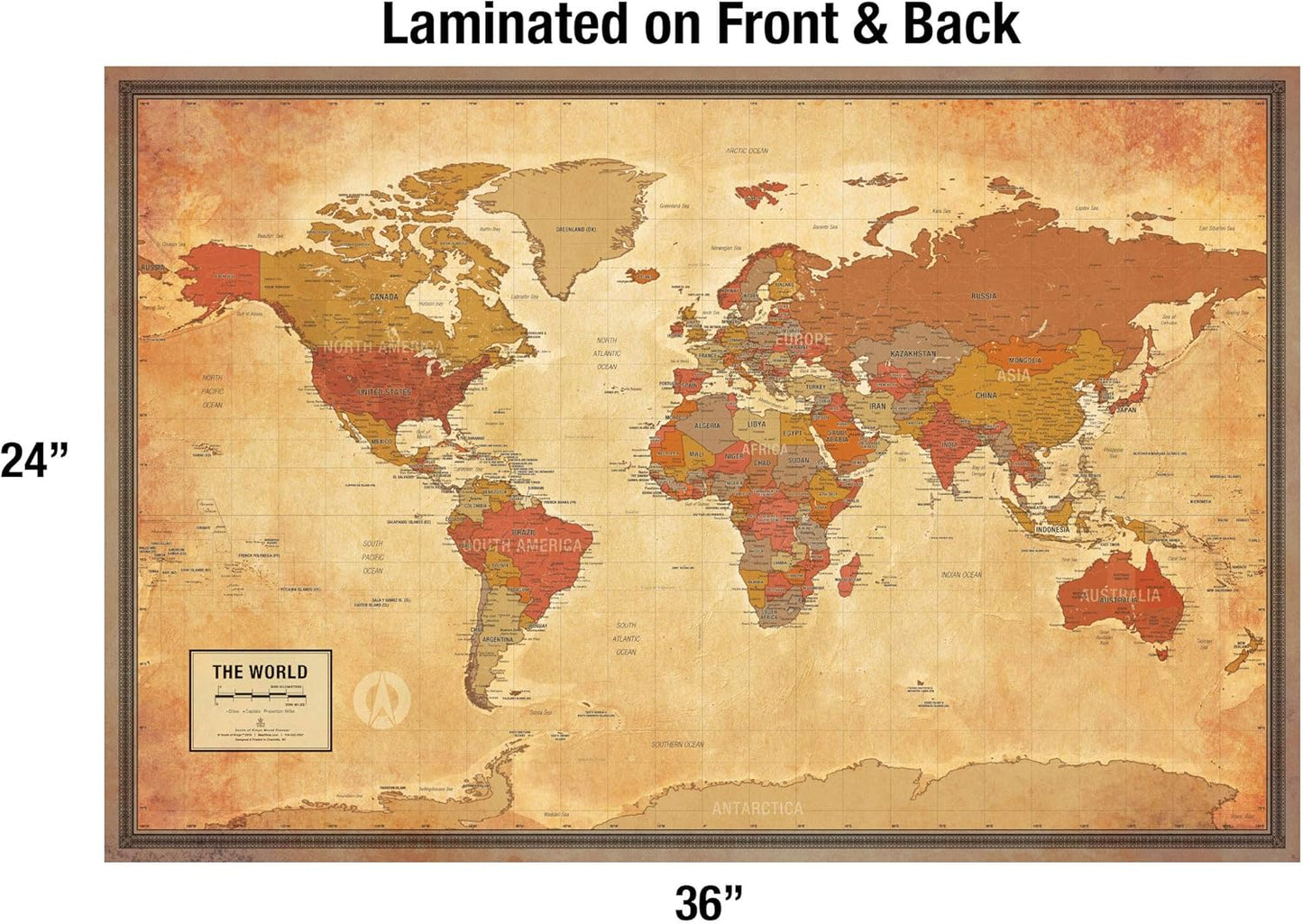 Laminated World Pioneer Map Poster | Vintage Style Map | Includes The Most Legible Location Labels | 36” x 24” | Shipped Rolled in a Tube, Not Folded | Great for The Home or Classroom