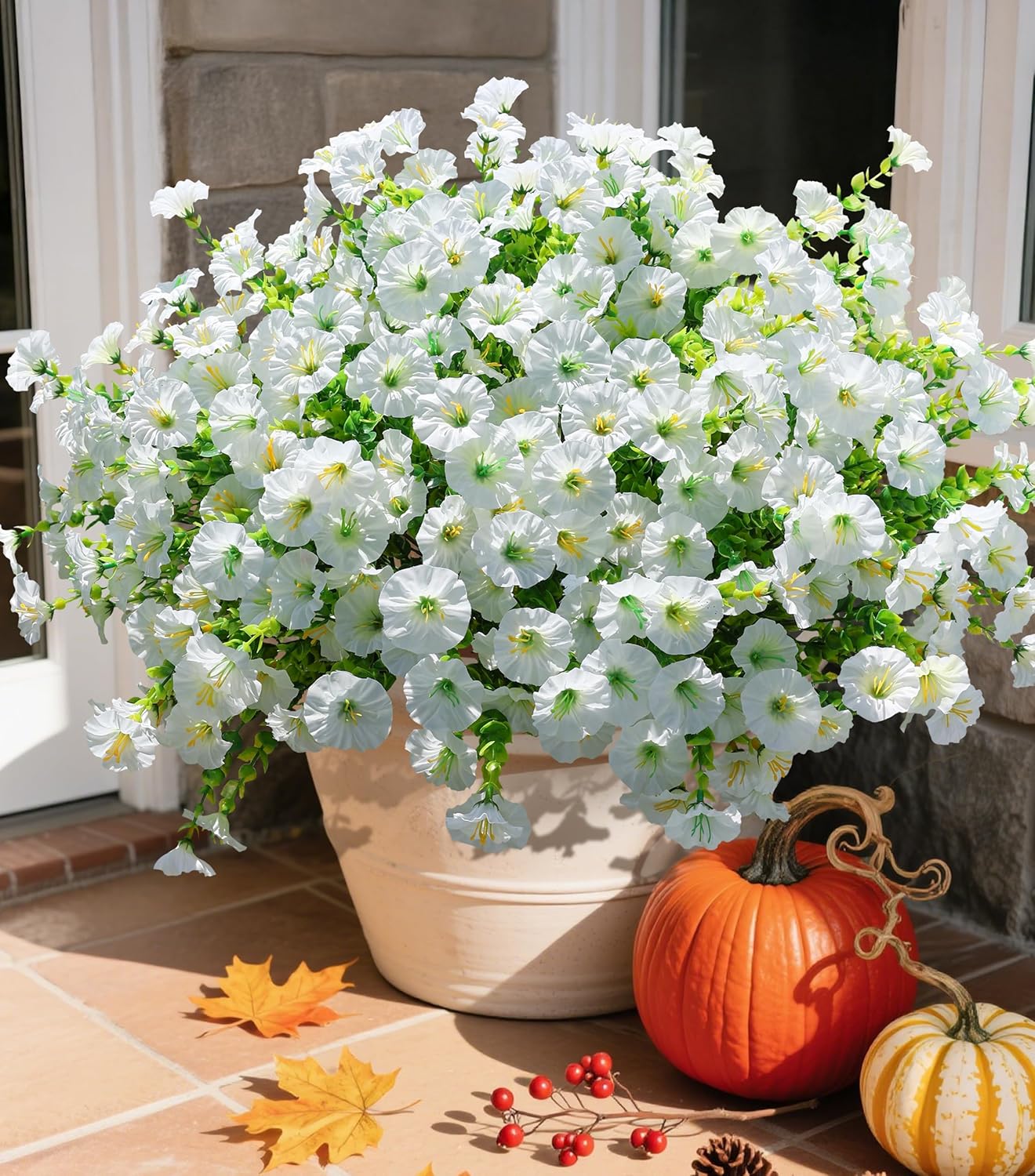 Artificial Flowers Fake Plants for Outdoors Decoration, 12 Bundles White Silk Morning Glory with Eucalyptus Realistic UV Resistant Faux Flowers for Outside Planter Porch Yard Patio Garden Home Indoor