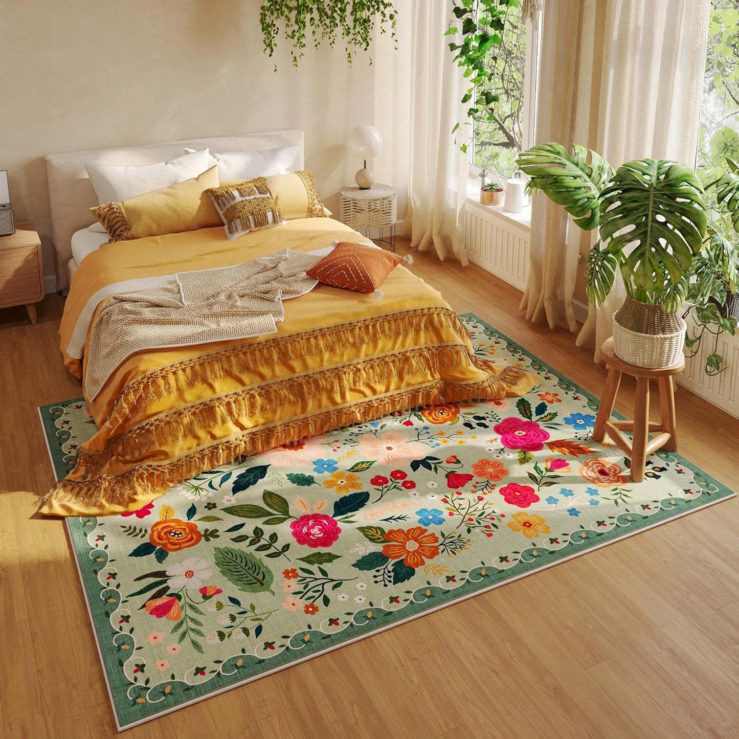 Rugcomf Living Room Rug 5x7 Rug Machine Washable Boho Area Rug Non Slip Floral Vintage Low Pile Large Rugs for Living Room, Bedroom, Farmhouse, Dining Room, Kids Playroom(Green)