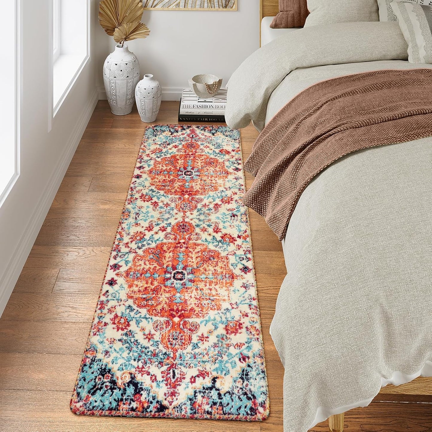 Lahome Floral Washable Kitchen Runner Rug - 2x6 Hallway Entryway Runner Rug, Oriental Medallion Distressed Non-Slip Mat, Bohemian Low-Pile Floor Carpet Runners for Bathroom Laundry Bedside, Orange