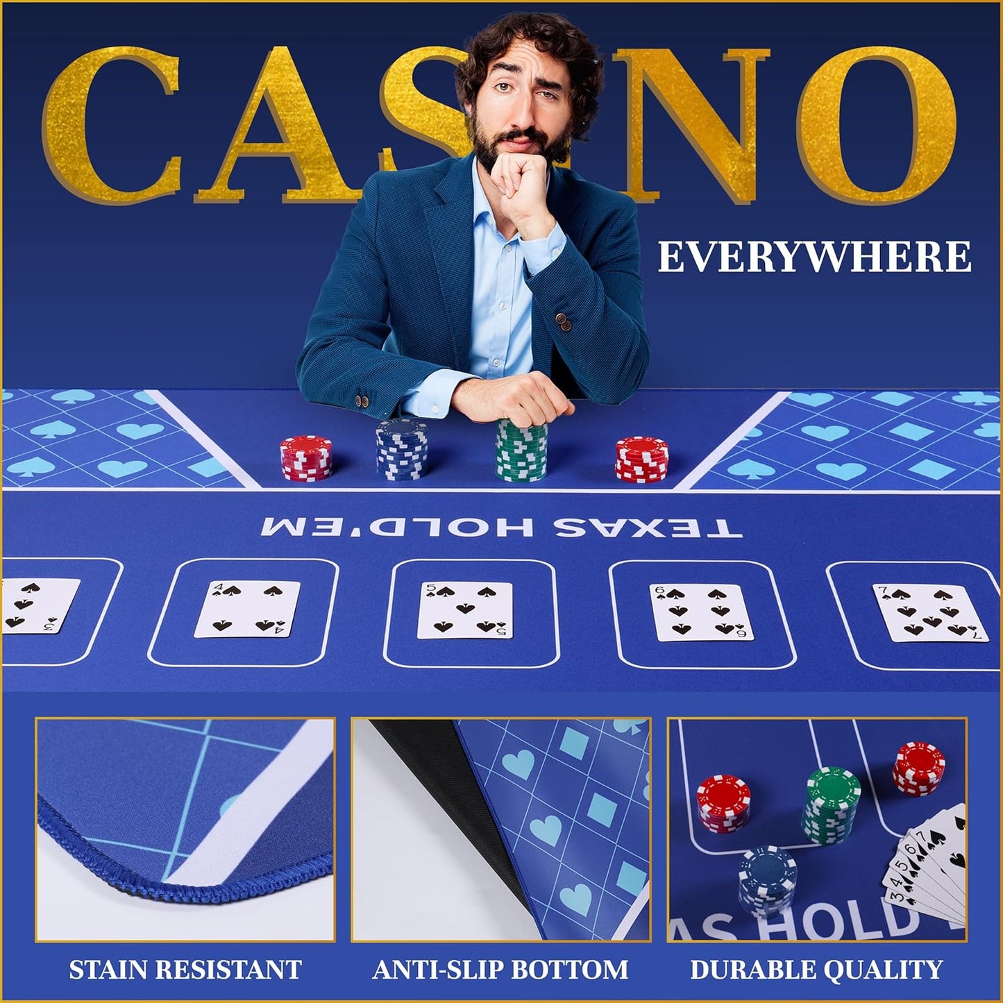 Poker Table Top - Foldable 70" x 35" Texas Hold'em Poker Mat with Non-Slip Backing and Zipper Carrying Bag - Waterproof and Portable Casino Table Topper Card Mat for Home Game Nights Up to 10 Players