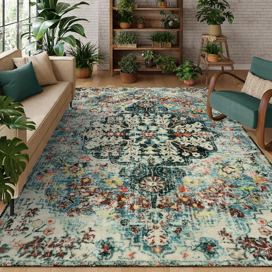 Lahome Area Rugs 9x12 Living Room Boho Washable Rugs 9x12,Large Boho Rugs for Bedroom Dining Room,Floral Soft Non-Slip Printed Low Pile Throw Indoor Floor Carpet for Nursery Kids Playroom(9x12ft,Teal)