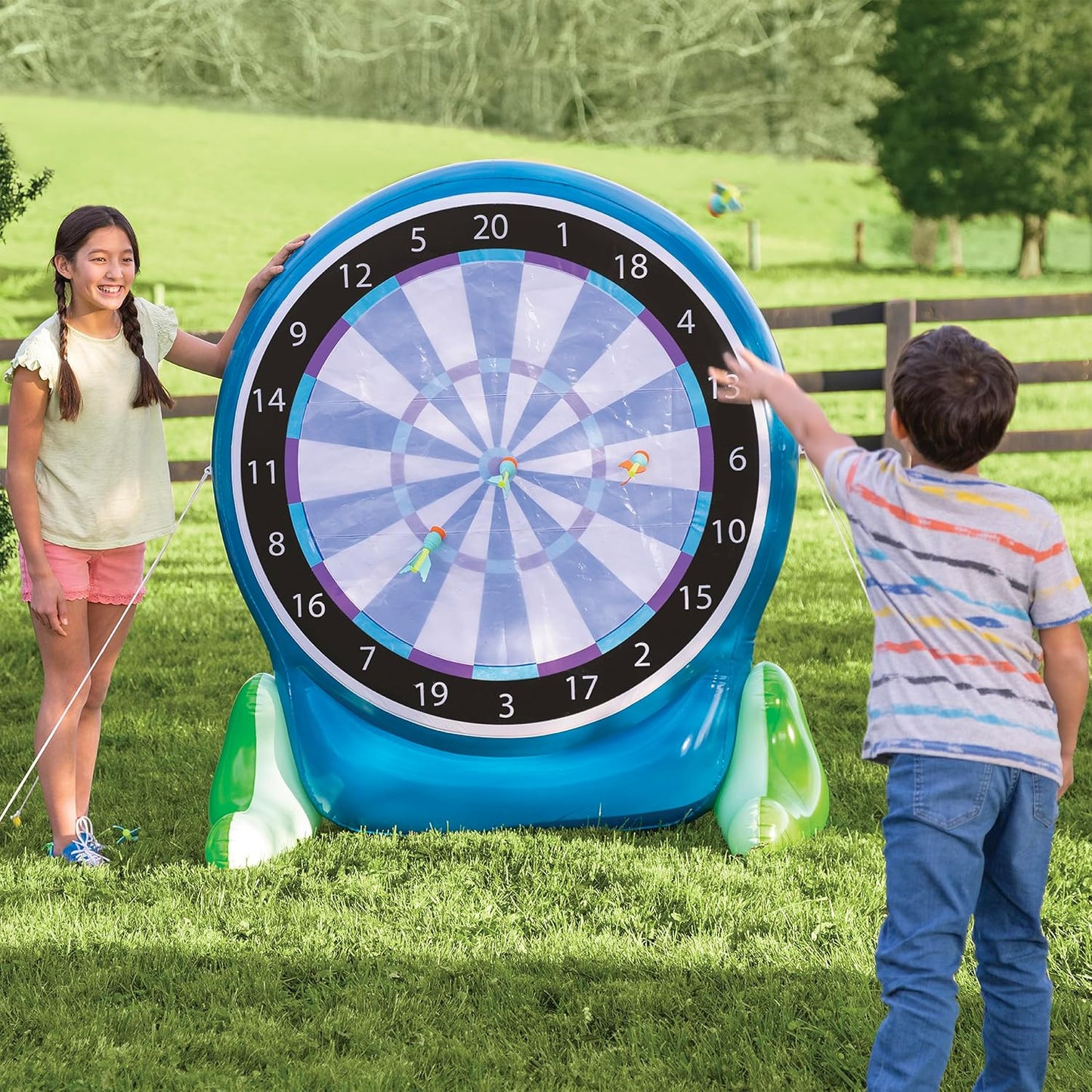 Hearthsong Jumbo 57-Inch Inflatable 2-in-1 Darts and Soccer Set with Double-Sided Scoreboard, Two Soccer Balls, Six Darts, Outdoor Play, Ages 5 and Up