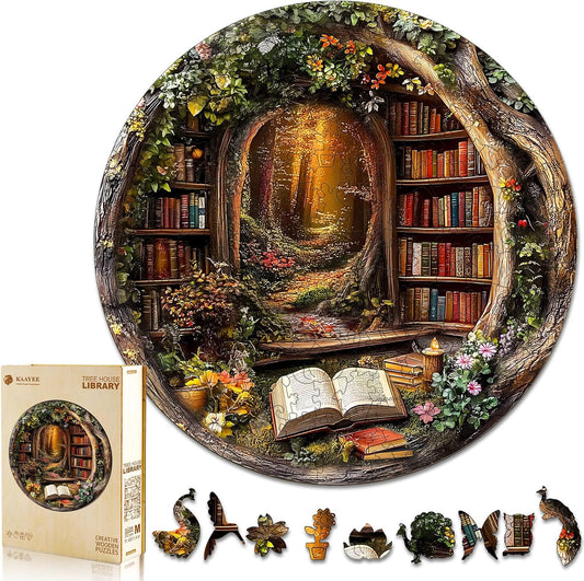 KAAYEE Wooden Puzzles for Adults, 3D Visual Effect Tree House Library Wooden Jigsaw Puzzle Unique Shape Wood Puzzle Adult, 3D Effect Flat Puzzle Birthday Family Games (S-8.5 * 8.5 in-100pcs)