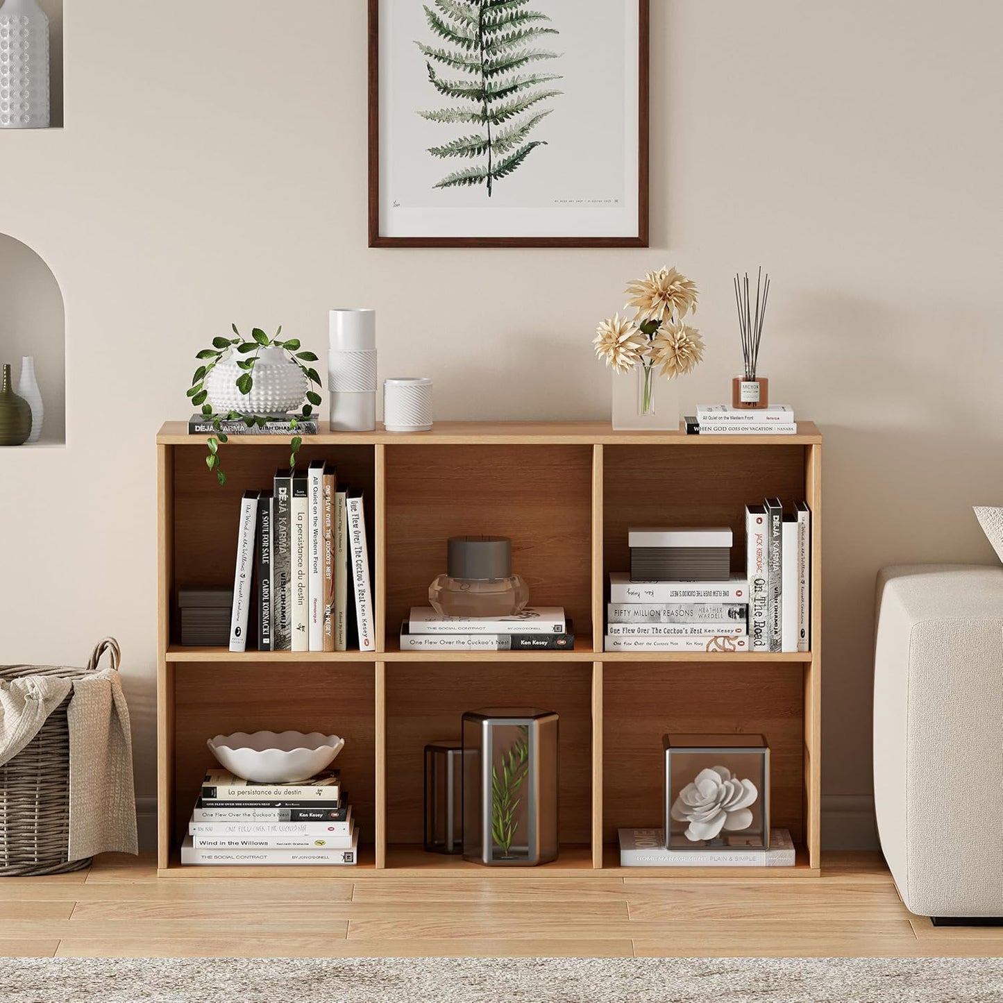 Wooden Cube Storage Organizer with Closed Back Panel, 11in Cube Shelf Opening, Bookshelf, Display Shelf,Closet Cabinet for Home and Office (Natural Oak, 6-Cube 35.98L*9.45W*24.09H)