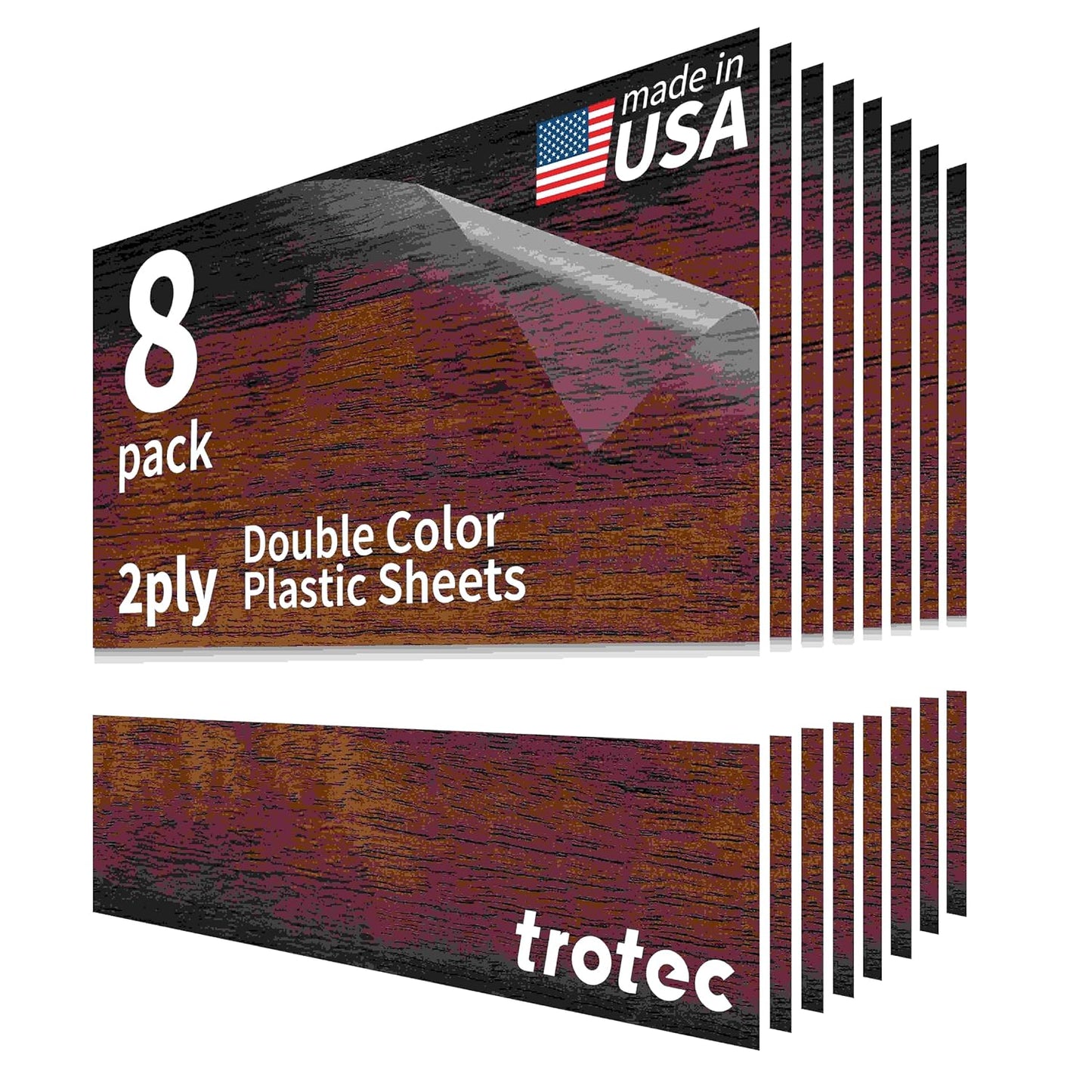Trotec TroLase | 12"x12"x1/16", 8 Pcs | English Walnut/White | 2 Ply | Modified Acrylic | Laser Engraving Double Color Plastic Sheet | Engraving Blanks for Laser, Saw, Guillotine | Made in USA