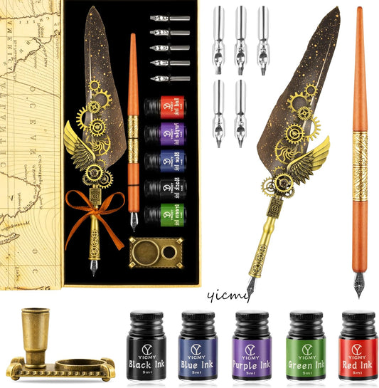 Feather Pen and Ink Set Calligraphy Kit for Beginners with Quill Pen, Antique Vintage Stationary Set for Writing, Signing & Hand Lettering Art