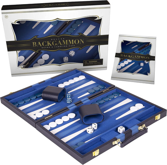 Backgammon Set 11 inch, Small - Classic Board Game for Adults and Kids with Premium Leather Case - Includes Strategy & Tip Guide (Blue)